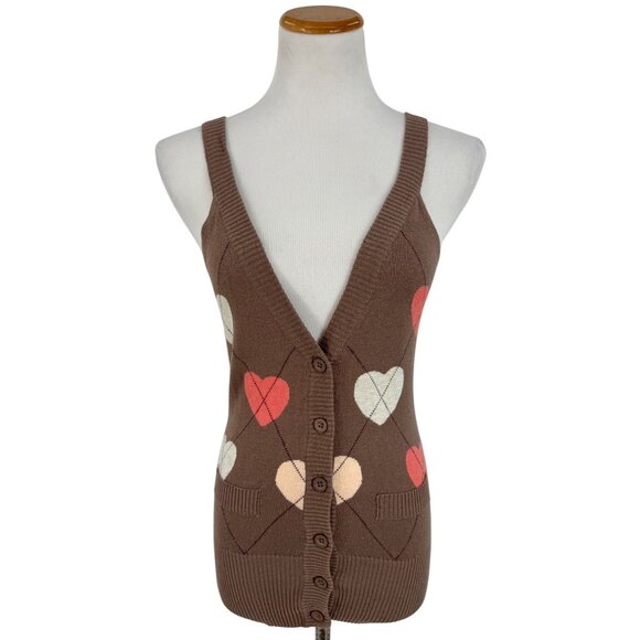 Heritage 1981 Sweaters - Vintage Y2K Heritage 1981 Casual Brown Heart Pattern Knit Sweater Tank Top Vest